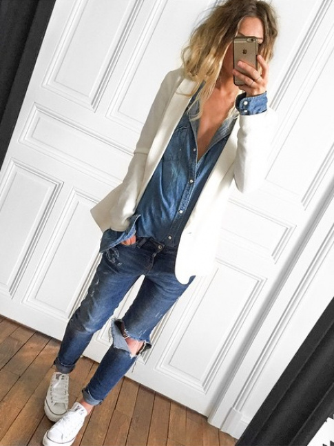 Le blazer blanc, idal pour booster le trio jean/chemise en denim/converses blanches !