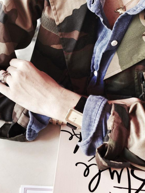 Veste camouflage + chemise en jean = le bon mix