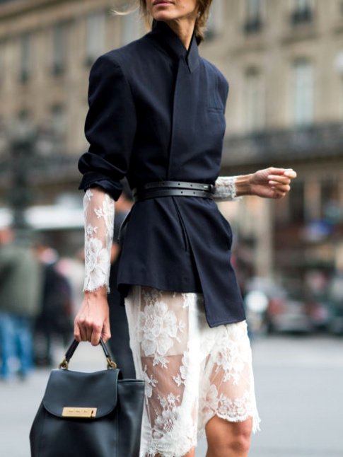 Rien de tel qu'un long blazer port crois et ceintur pour rchauffer une robe midi en dentelle !