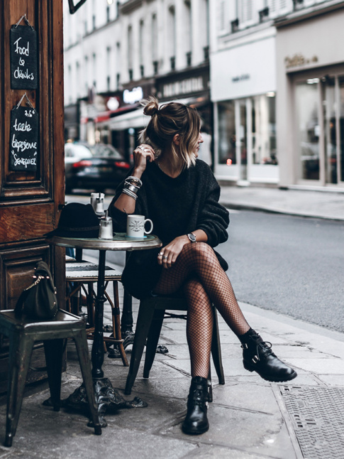 Robe pull + collants rsille + godillots = le bon mix