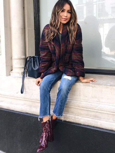 Grosse veste douillette  carreaux + boots pointues = le bon mix