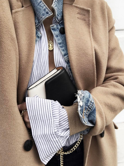 Pardessus camel + veste en jean + gilet camel + chemise raye = le bon mix