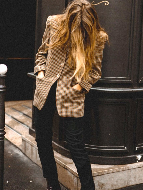 Blazer marron  petit carreaux + slim noir = le bon mix