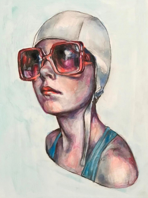 Maxi lunettes carres rouge translucide + maillot de bain turquoise = le bon mix