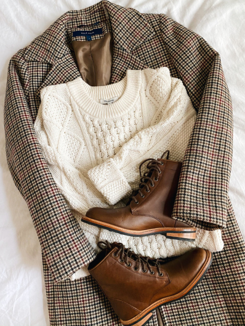 Veste en tweed + lainage irlandais + godillots marron = le bon mix