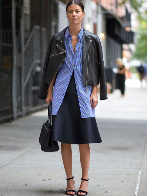 Perfecto + longue chemise + jupe ligne A + sandales  talons = le bon mix