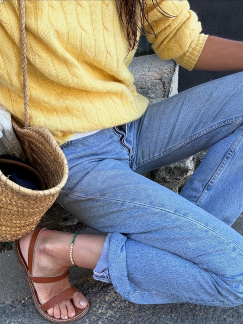 Oui au trio cachemire jaune/jean/cuir caramel !