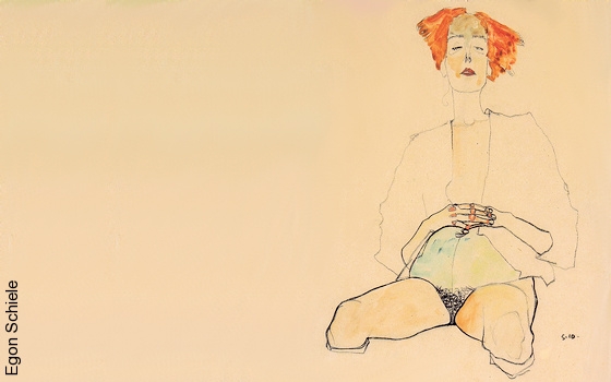 Egon Schiele - Femme semi-nue assise avec les cheveux rouges