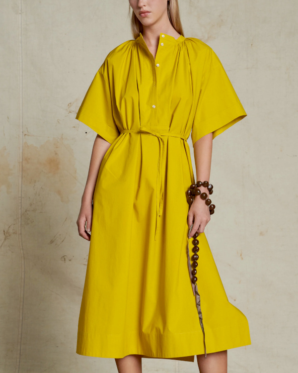 Robe longue  manches courtes en popeline de coton jaune