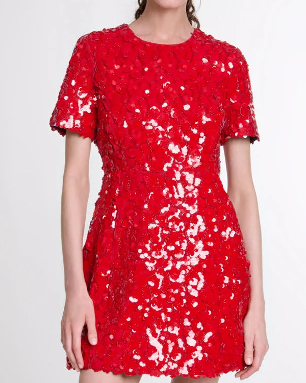 Robe courte  sequins fleurs rouge