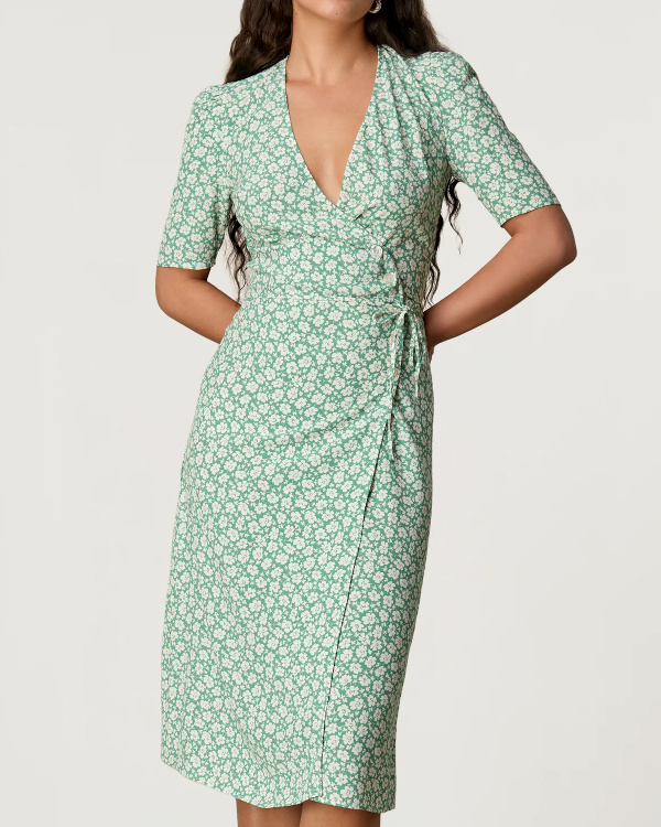 ROBE PORTEFEUILLE MI-LONGUE FLORALE VERT