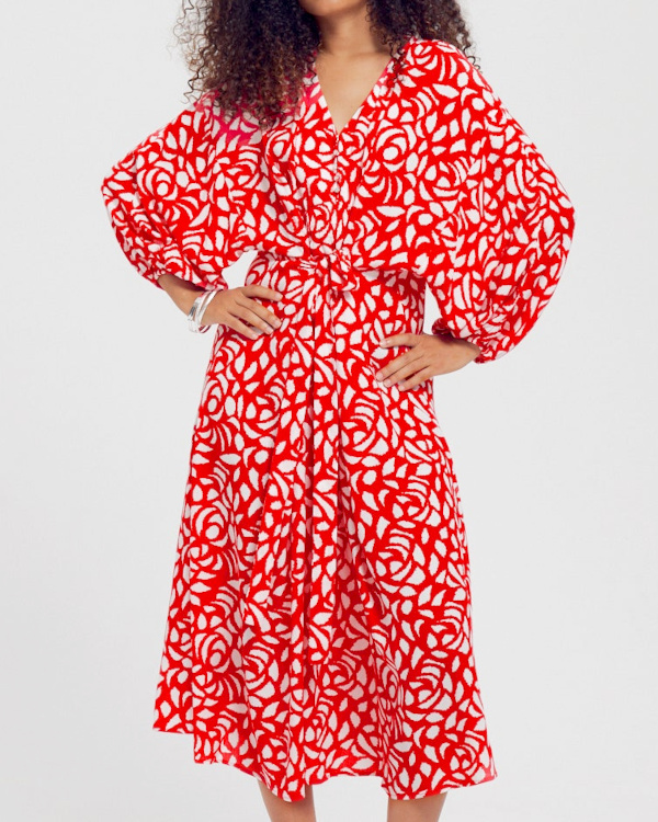 Robe à manches ballon Femme - Imprimé rouge