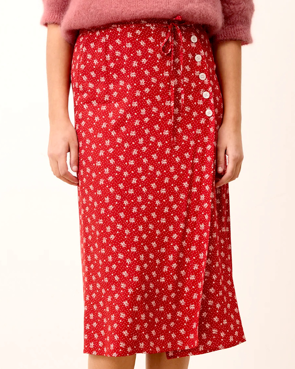 Jupe midi portefeuille à imprimé floral rouge