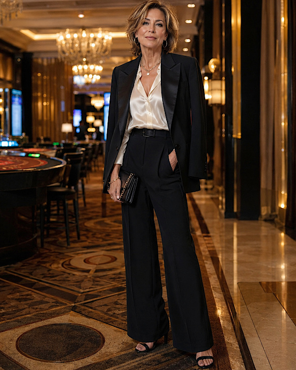 Femme élégante en costume noir et chemisier satiné dans un casino
