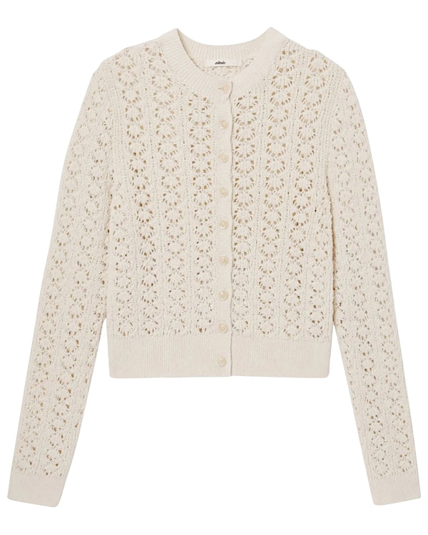 Gilet court écru boutonné en maille ajourée à motifs floraux