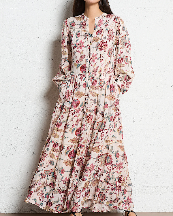Robe longue col tunisien - Rose 