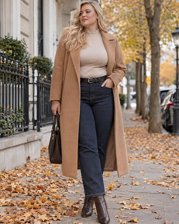 Femme ronde en manteau camel, jean foncé et bottines en automne