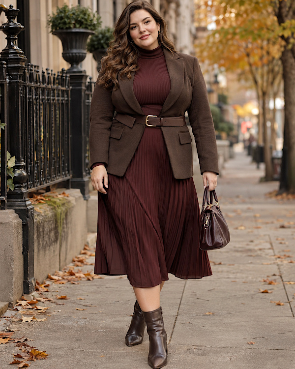 Femme ronde en tenue bordeaux et marron pour l’automne