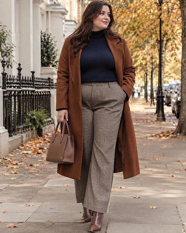 Femme ronde en manteau brun, pantalon à carreaux et pull marine