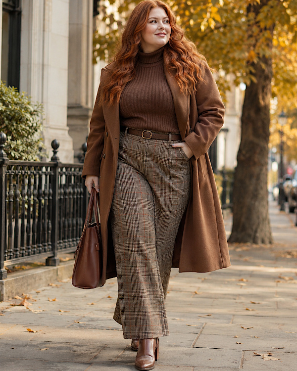 Femme ronde rousse en camaïeu de brun et pantalon à carreaux