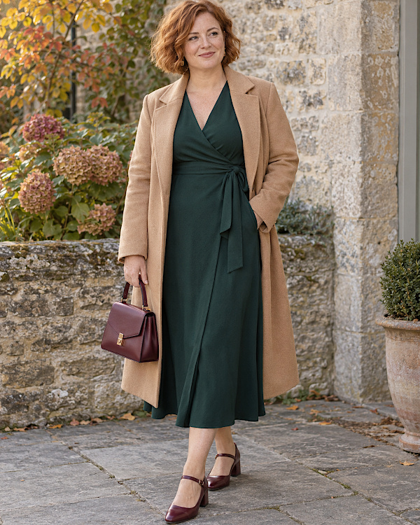 Tenue de baptême automnale avec robe vert foncé et manteau camel