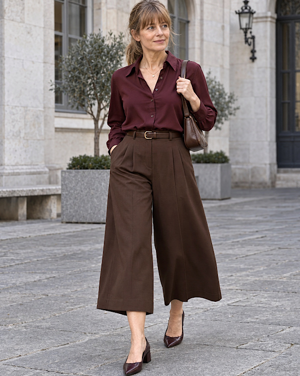 Femme châtain en jupe-culotte marron, chemise bordeaux et escarpins assortis
