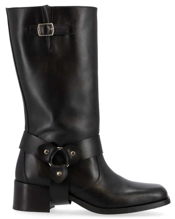 Botte noire en cuir à boucles et talon carré