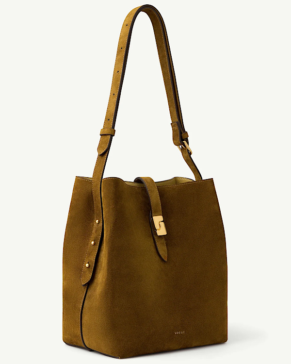 Grand sac à bandoulière en daim kaki avec fermoir doré