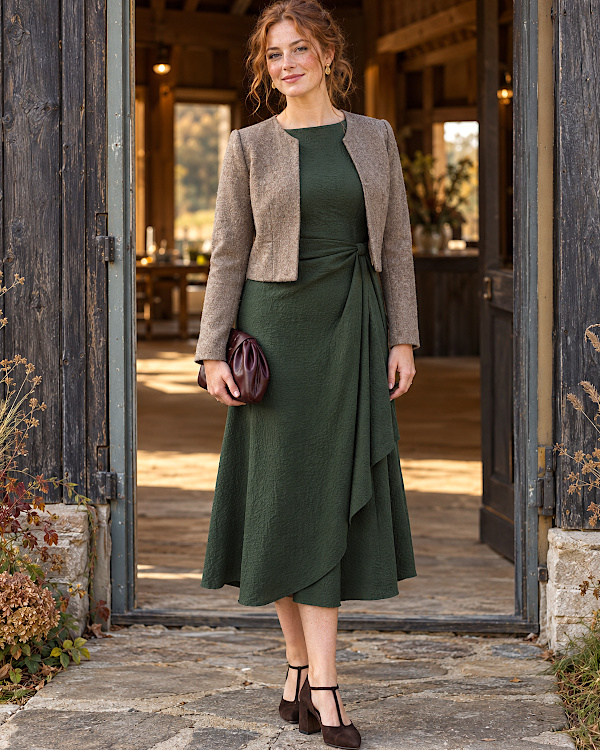 Robe midi vert foncé avec veste courte taupe et pochette