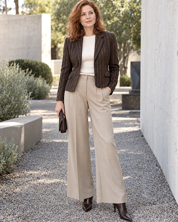 Femme en blazer marron rayé, pantalon large beige et bottines à talons