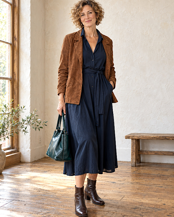 Femme aux cheveux bouclés en blazer camel, robe-chemise bleu marine et bottines marron