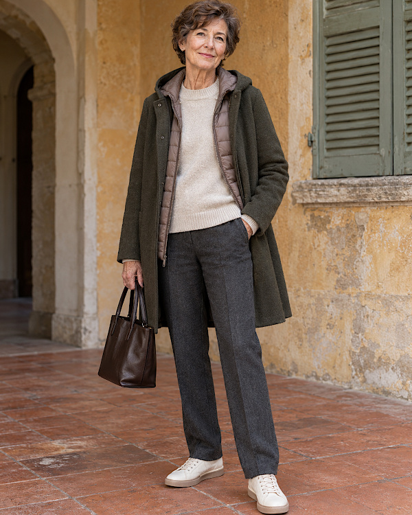 Femme brune en manteau kaki sur doudoune légère, pantalon gris et baskets blanches